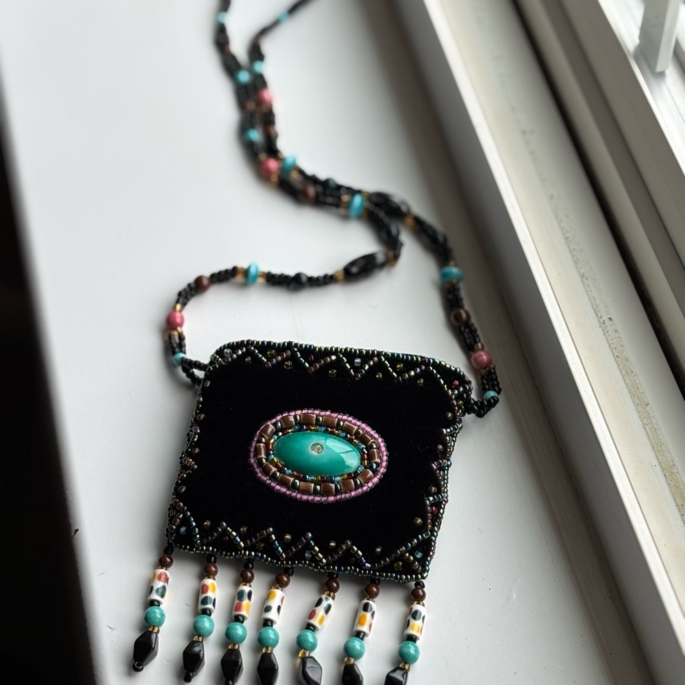 Ladies Unique Tourquise Black Beaded Bag